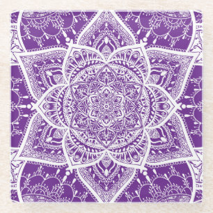 Purple and White Mandala - Loergann in Eggplant Glass Coaster