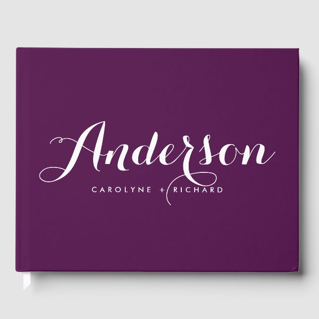Purple and White Modern Calligraphy Wedding Guest Book (Front)