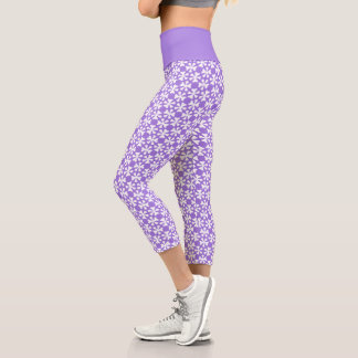Purple and White Modern Geometric Floral Pattern Capri Leggings