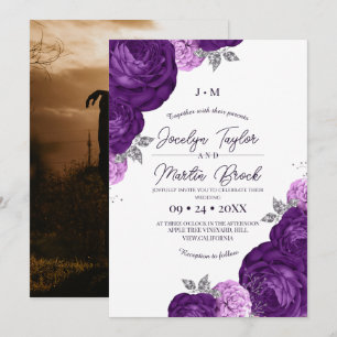 Purple and White Modern Whimsical Flora Wedding Invitation