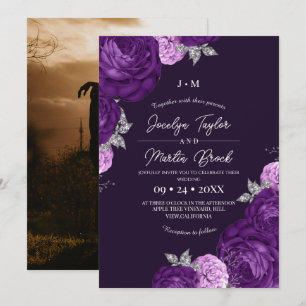 Purple  and White Modern Whimsical Flora Wedding  Invitation