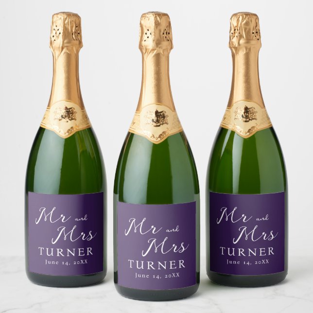 Purple and White Mr and Mrs Wedding Sparkling Wine Label (Bottles)
