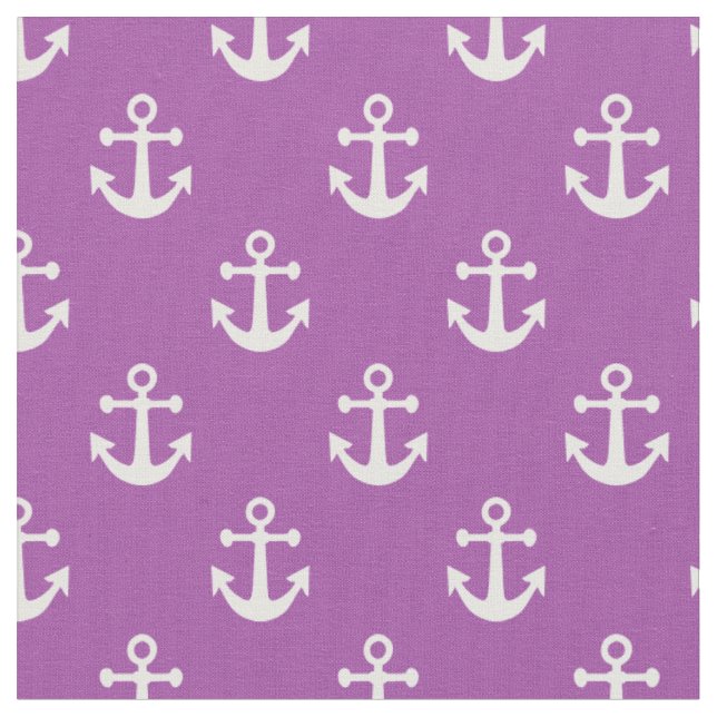 Purple and White Nautical Anchors Pattern Fabric (Close Up)
