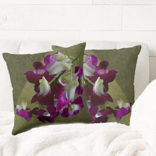 Purple and White Orchids Beautiful Floral Green Cushion