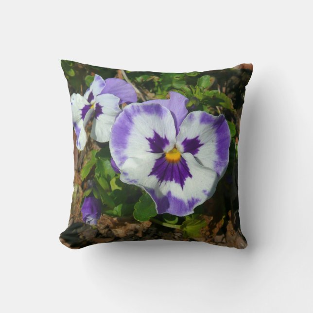 Purple and White Pansies Colourful Floral Cushion (Front)