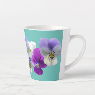 Purple and White Pansies Light Teal Latte Mug