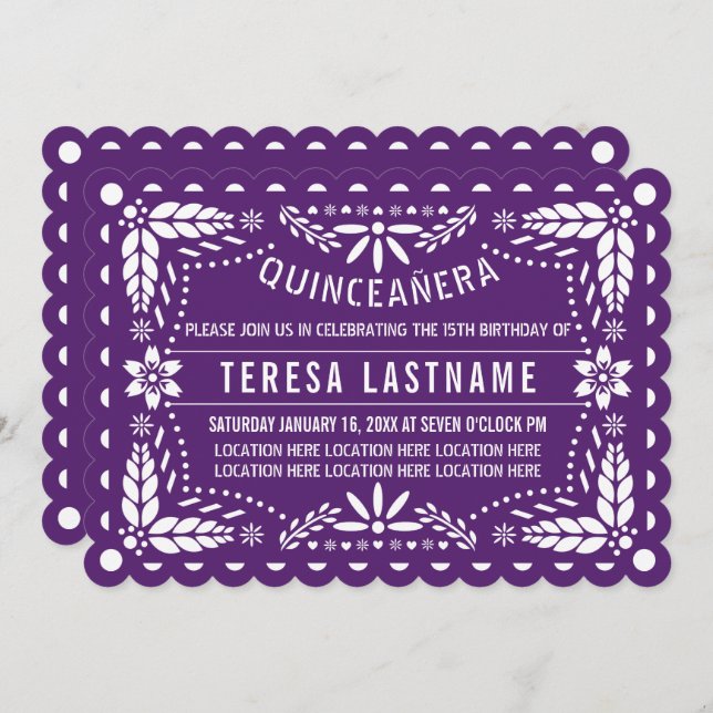 Purple and white papel picado Quinceañera Invitation (Front/Back)