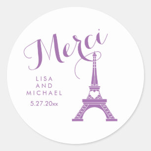 Purple and White Paris Eiffel Tower Wedding Merci Classic Round Sticker