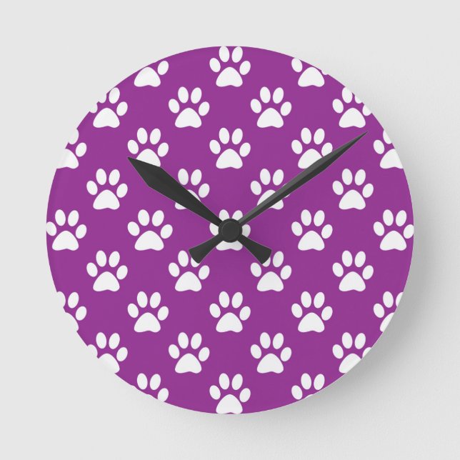 Purple and white paw prints pattern round clock (Front)