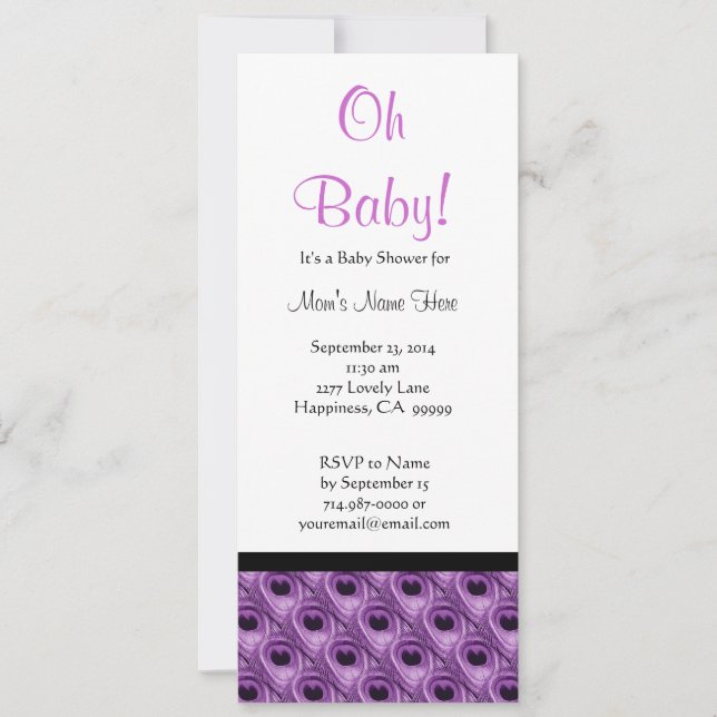 Purple and White Peacock Feathers Baby Shower Invitation (Front)