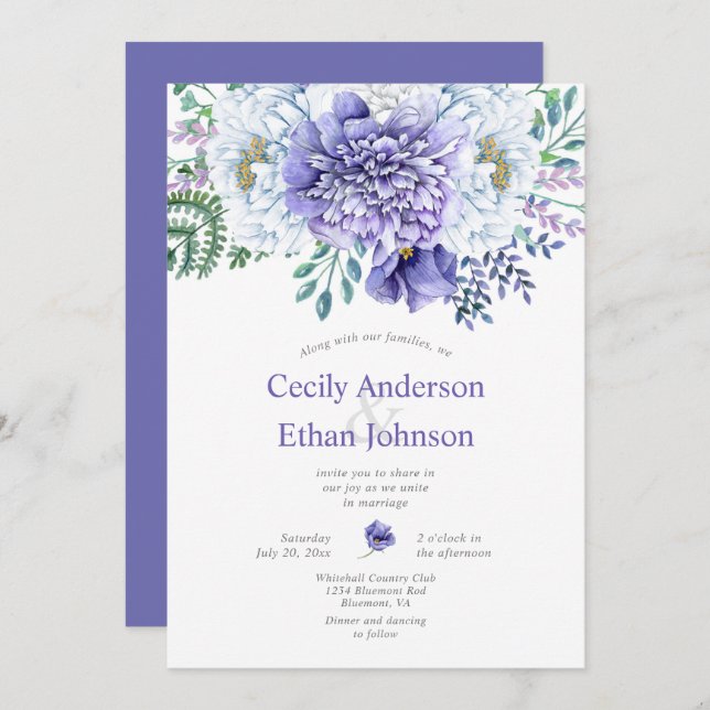 Purple and White Peonies Floral Wedding Invitation (Front/Back)