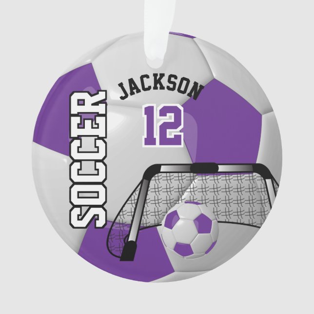 Purple and White Personalise Soccer Ball Ornament (Front)
