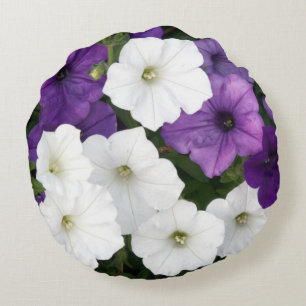 Purple and white petunias round cushion