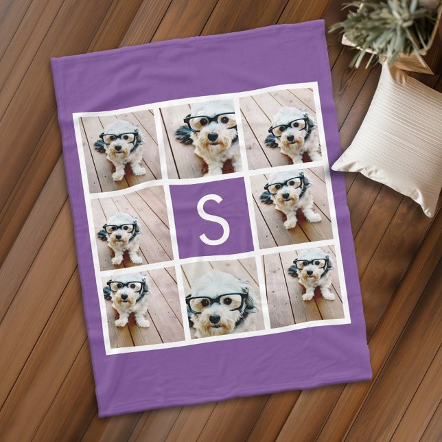 Purple and White Photo Collage Custom Monogram Fleece Blanket (Personalized fleece blanket with 8 photos and a monogram)