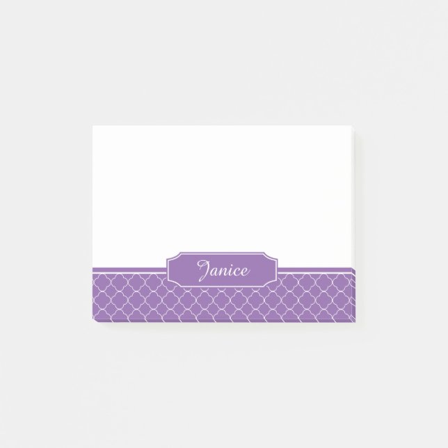 Purple and White Quatrefoil Monogram Post-it Notes (Front)