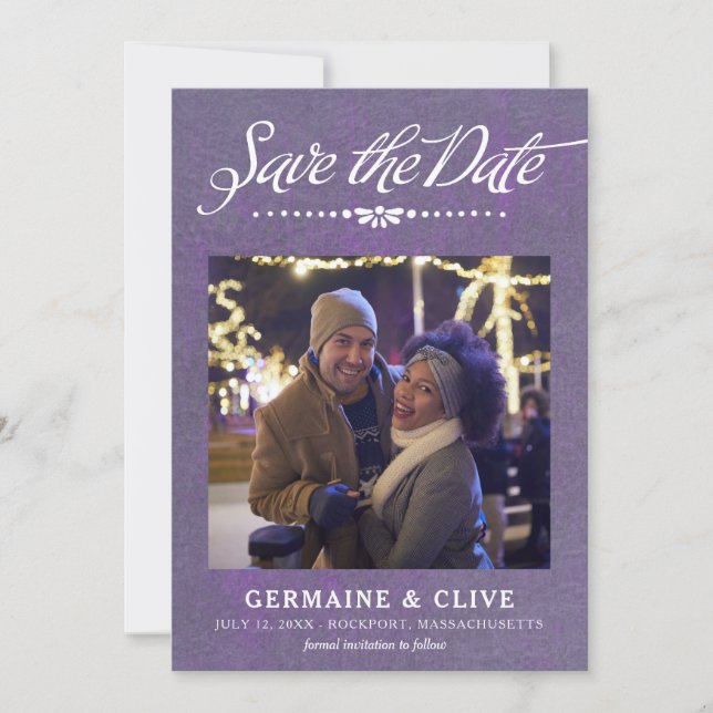 Purple and White Save the Date Card with Photo (Front)