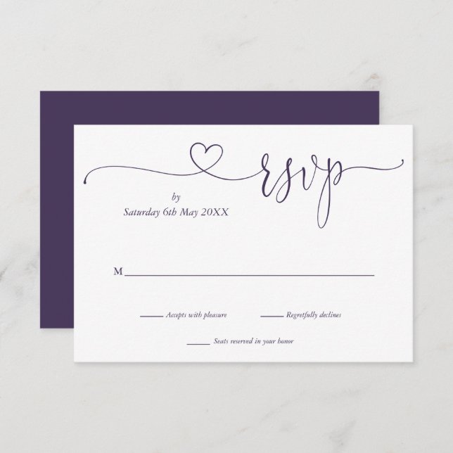 Purple And White Script Heart  RSVP Card (Front/Back)
