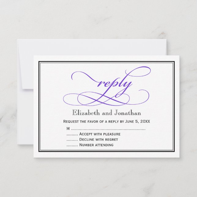 Purple and White Script Wedding Reply Card (Front)