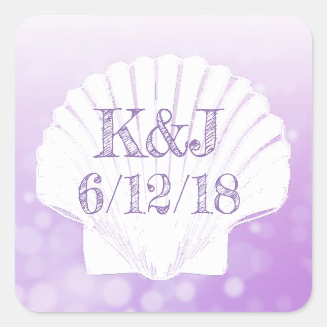 Purple and White Seashell Seaside Wedding Stickers (Front)