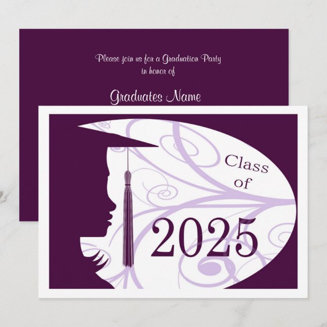 Purple and White Silhouette 2025 Graduation Party Invitation (Front/Back)