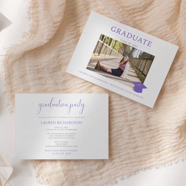 Purple and White Simple Photo Graduation Party Invitation (Creator Uploaded)