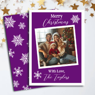 Purple and White Snowflakes Photo Christmas Holiday Card