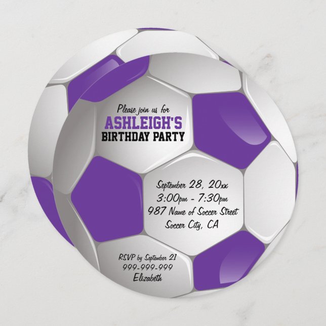 Purple and White Soccer Ball Birthday Party Invitation (Front/Back)