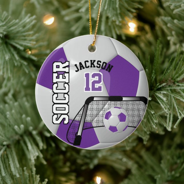 Purple and White Soccer Ball Ceramic Ornament (Tree)