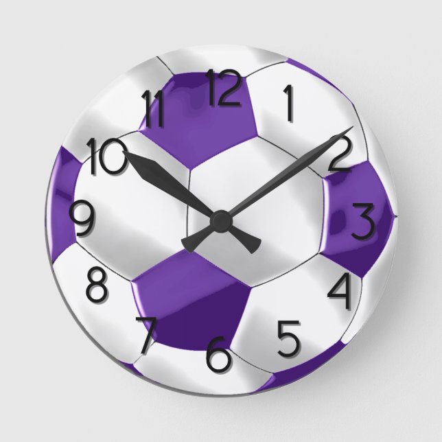 Purple and White Soccer Ball Round Clock (Front)