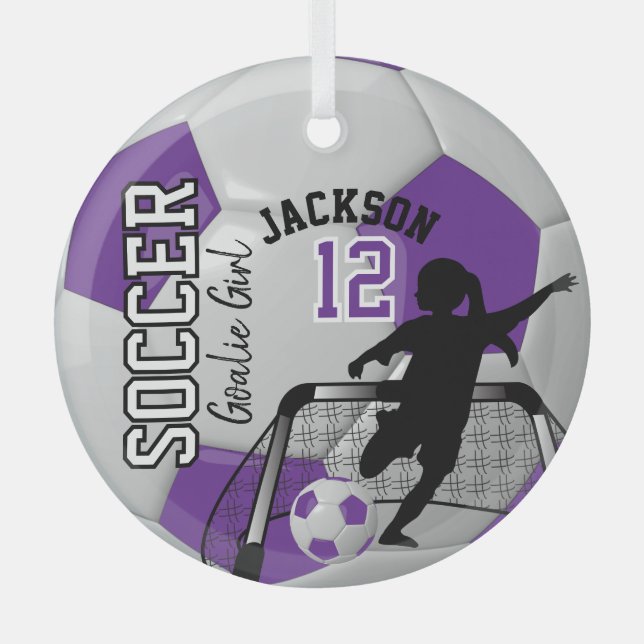 Purple and White Soccer Goalie Girl  ⚽ Glass Tree Decoration (Front)