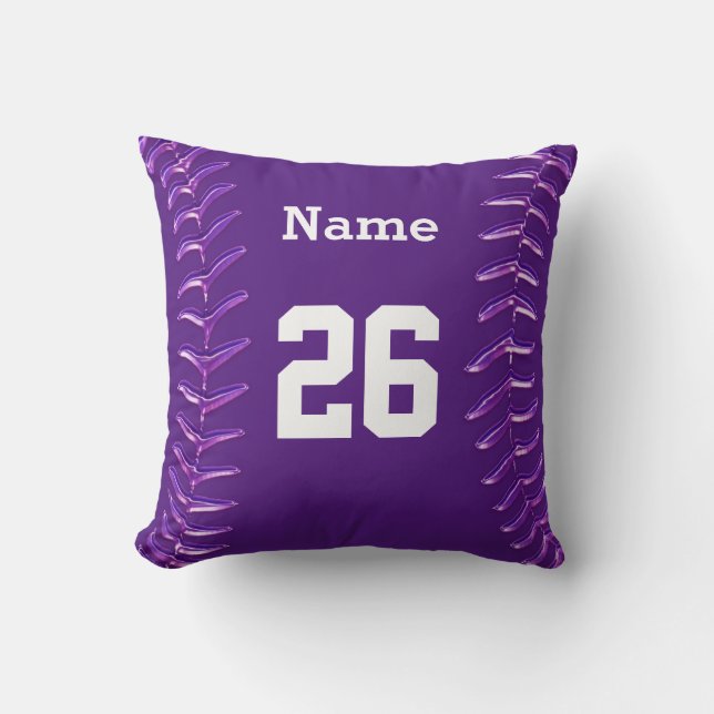 Purple and White Softball Pillow, NAME and NUMBER Cushion (Front)