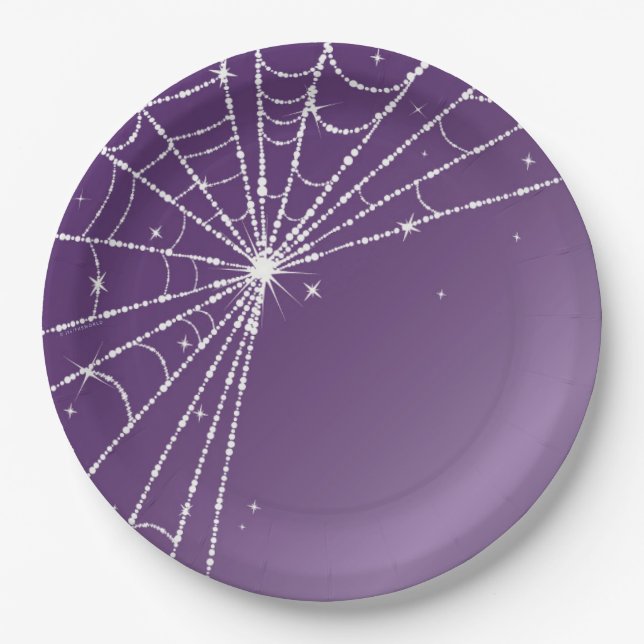 Purple and White Sparkling Diamond Spider Web Paper Plate (Front)