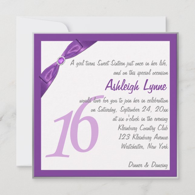 Purple and White Square Sweet Sixteen Invitation (Front)