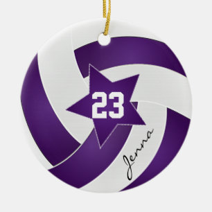 Purple and White Star Volleyball Ceramic Ornament