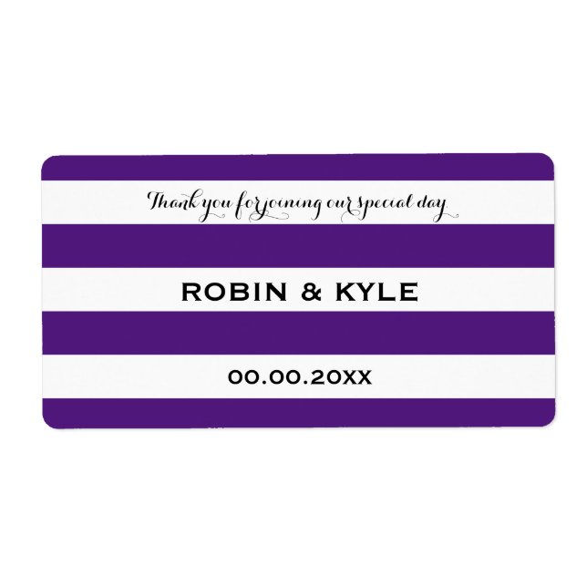 Purple and white stripe wedding water bottle label (Front)