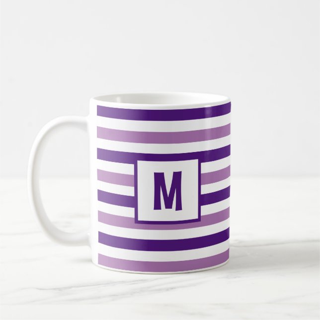 Purple and White Striped Design Single Initial Coffee Mug (Left)