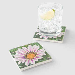 PURPLE AND WHITE STRIPED FLOWER WITH GOLD CENTER STONE COASTER