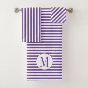 Purple and white stripes and monogram bath towel set