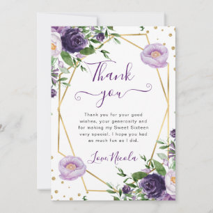 Purple and White Summer Flowers Frame Sweet 16 Thank You Card