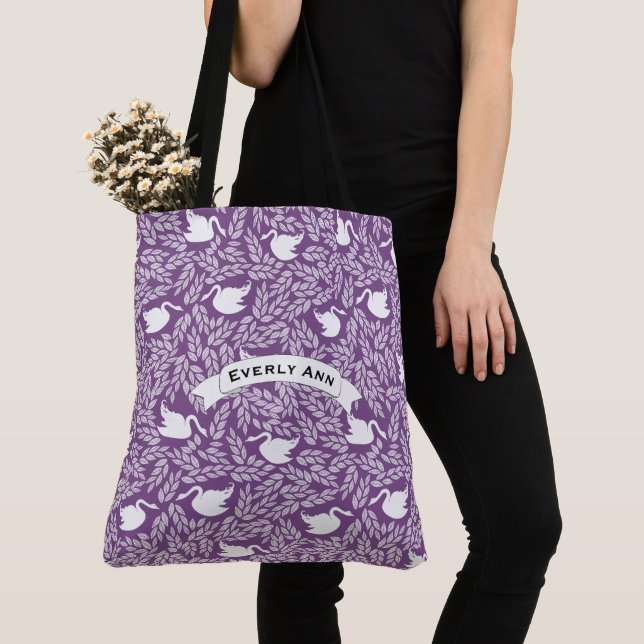Purple and White Swan Pattern Tote Bag (Close Up)
