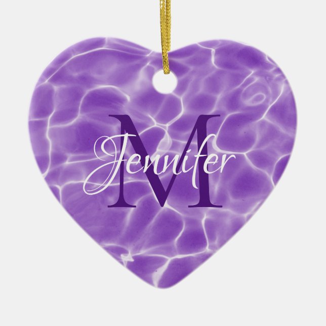 Purple and White Swimming Pool Photo Monogram Ceramic Ornament (Front)