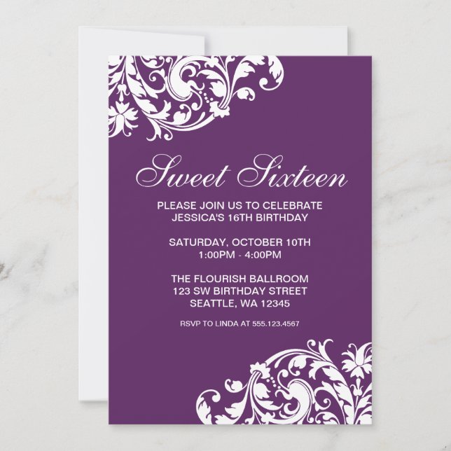 Purple and White Swirl Flourish Sweet 16 Birthday Invitation (Front)