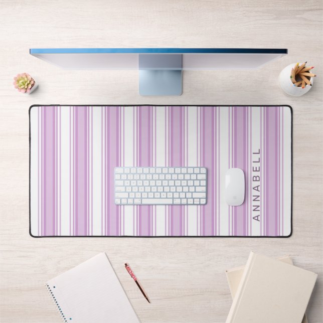 Purple and white vertical stripes custom name desk mat (Office 1)