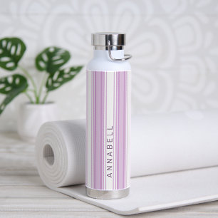 Purple and white vertical stripes custom name water bottle