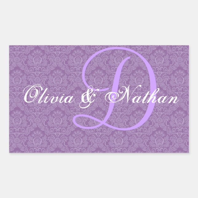 Purple and White Wedding Damask Monogram D Sticker (Front)