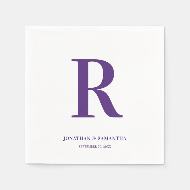 Purple and White Wedding Monogram Modern Napkins (Front)