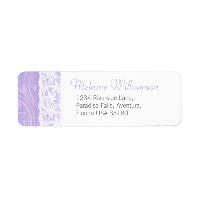 Purple and white wedding return reply address label (Front)