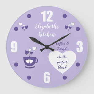 Purple and white with a coffee cup hearts and name large clock