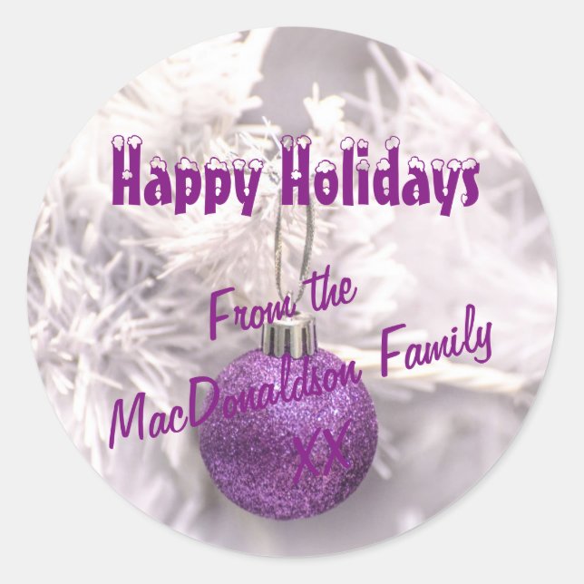 Purple and white Xmas tree bauble winter holidays Classic Round Sticker (Front)