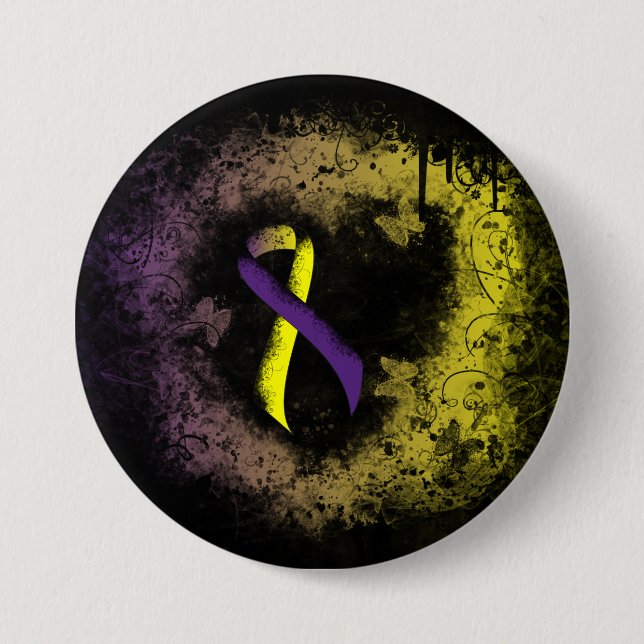 Purple and Yellow Awareness Ribbon Grunge Heart 7.5 Cm Round Badge (Front)